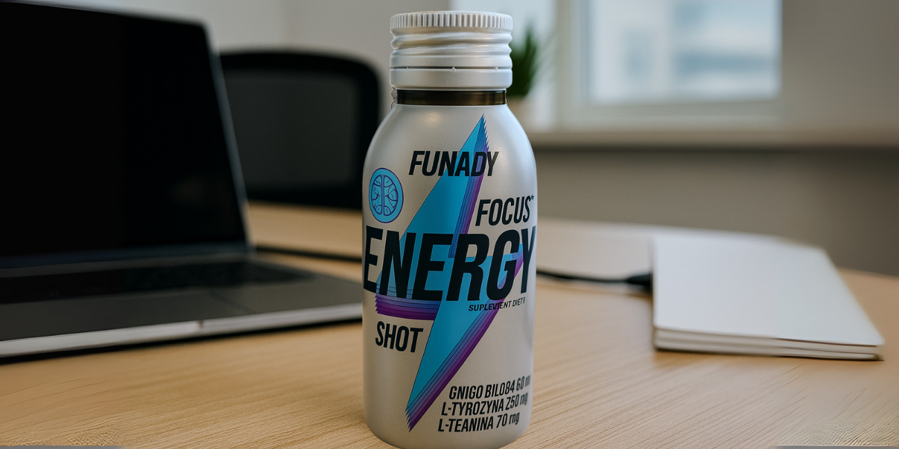 Naturalny energetyk Funady Focus Energy Shot w srebrnej butelce z niebieską błyskawicą stoi na biurku