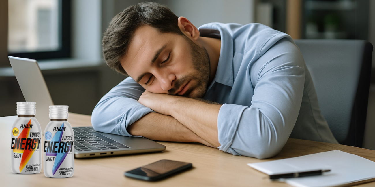 Mężczyzna śpiący przy biurku obok laptopa i butelek Funady Energy Shot Turbo i Focus